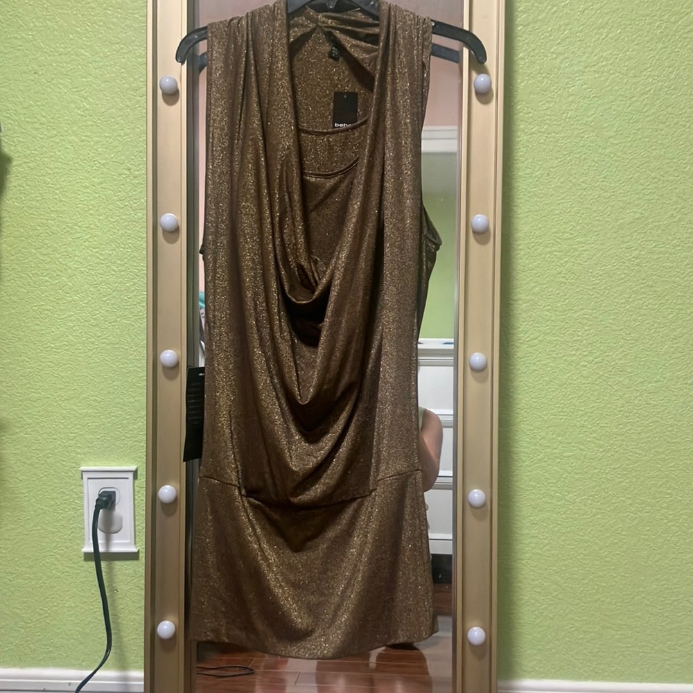 Bebe gold “Sparkle Jersey Cowl” dress  |  Women’s size Small